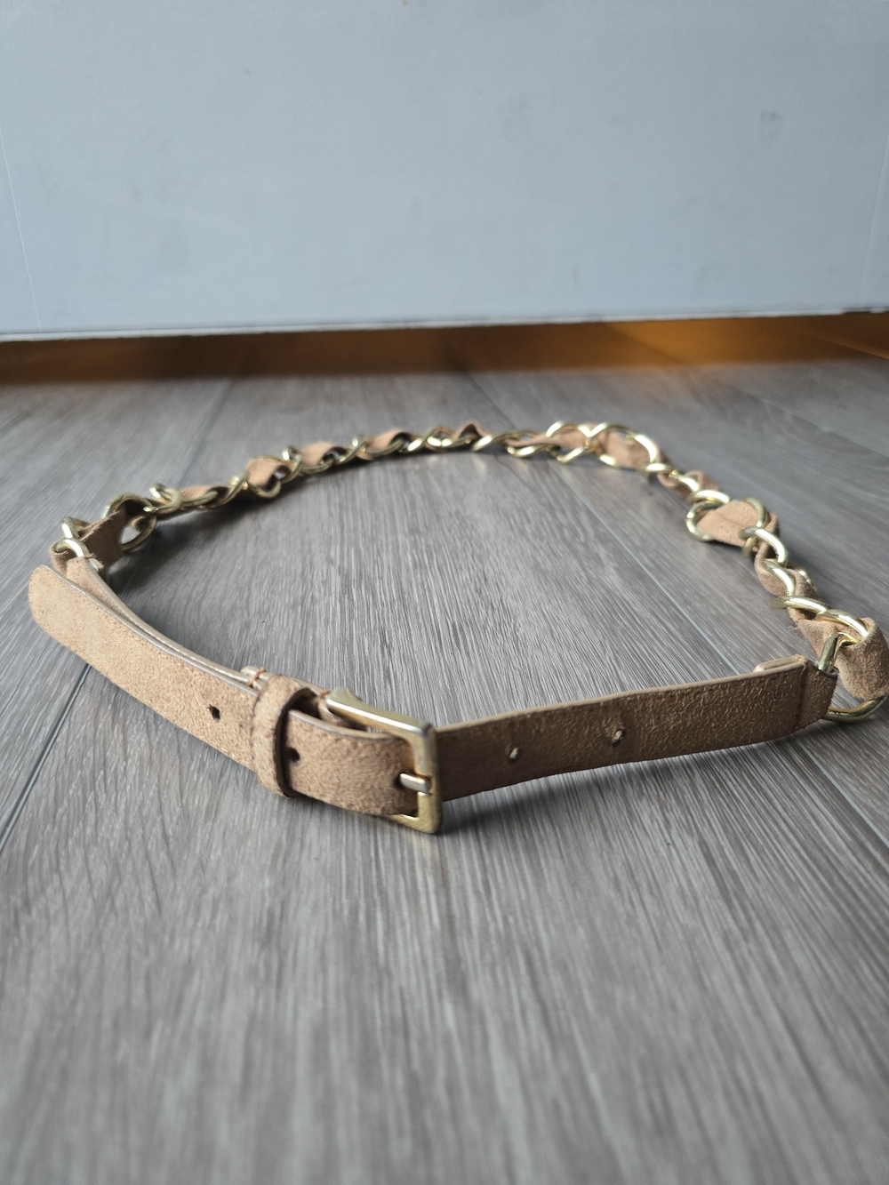 Tan Suede Gold Chain Link Boho Belt Brass Buckle Festival Size L
